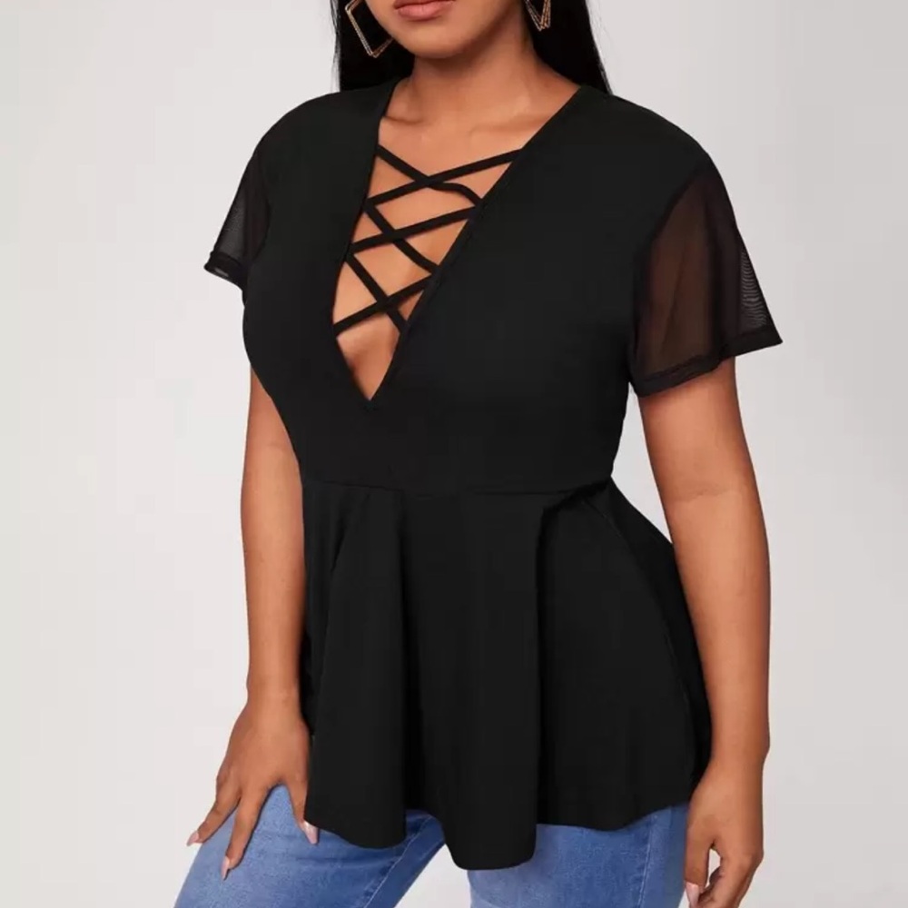 SHEIN Black Mesh Sleeve Crisscross Blouse